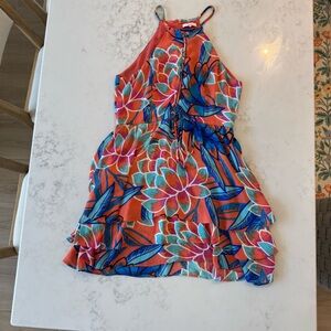 Parker Coral Tropical-Print Sundress with Blue Accents